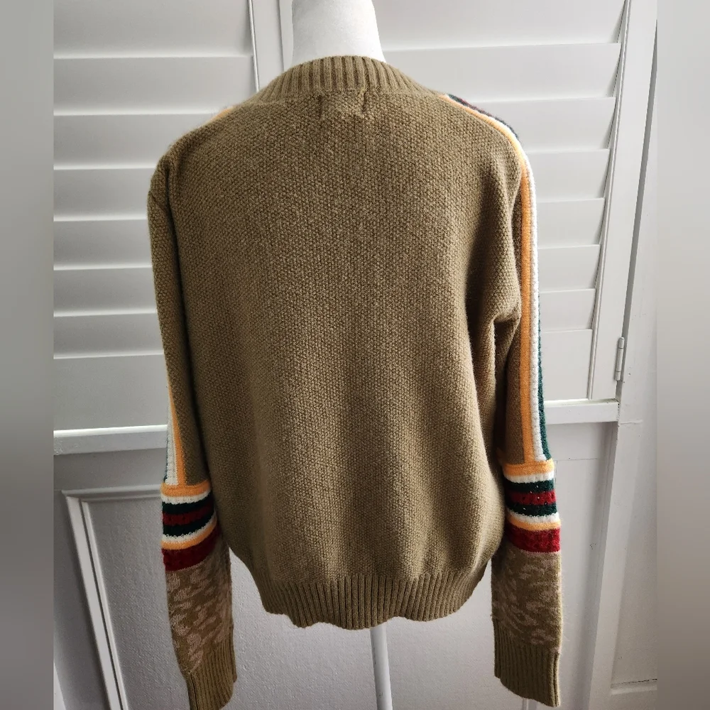 BiBi Women's Olive Brown Sweater with Colorful Sleeve Stripes And Animal Print S